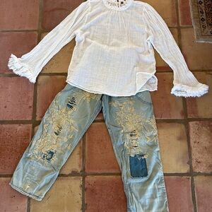 White Blouse and Embroidered Jeans Set